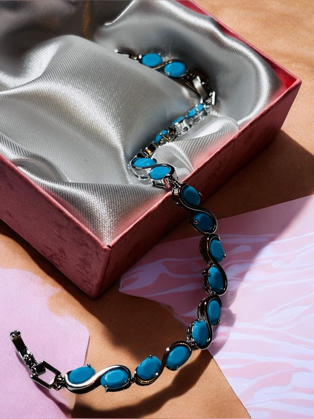 Vintage Style Simulated Turquoise and Wave Link Tennis Bracelet 7.5